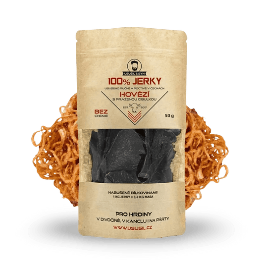 100% JERKY HOVĚZÍ S PRAŽENOU CIBULKOU 50 g - FitMar.cz
