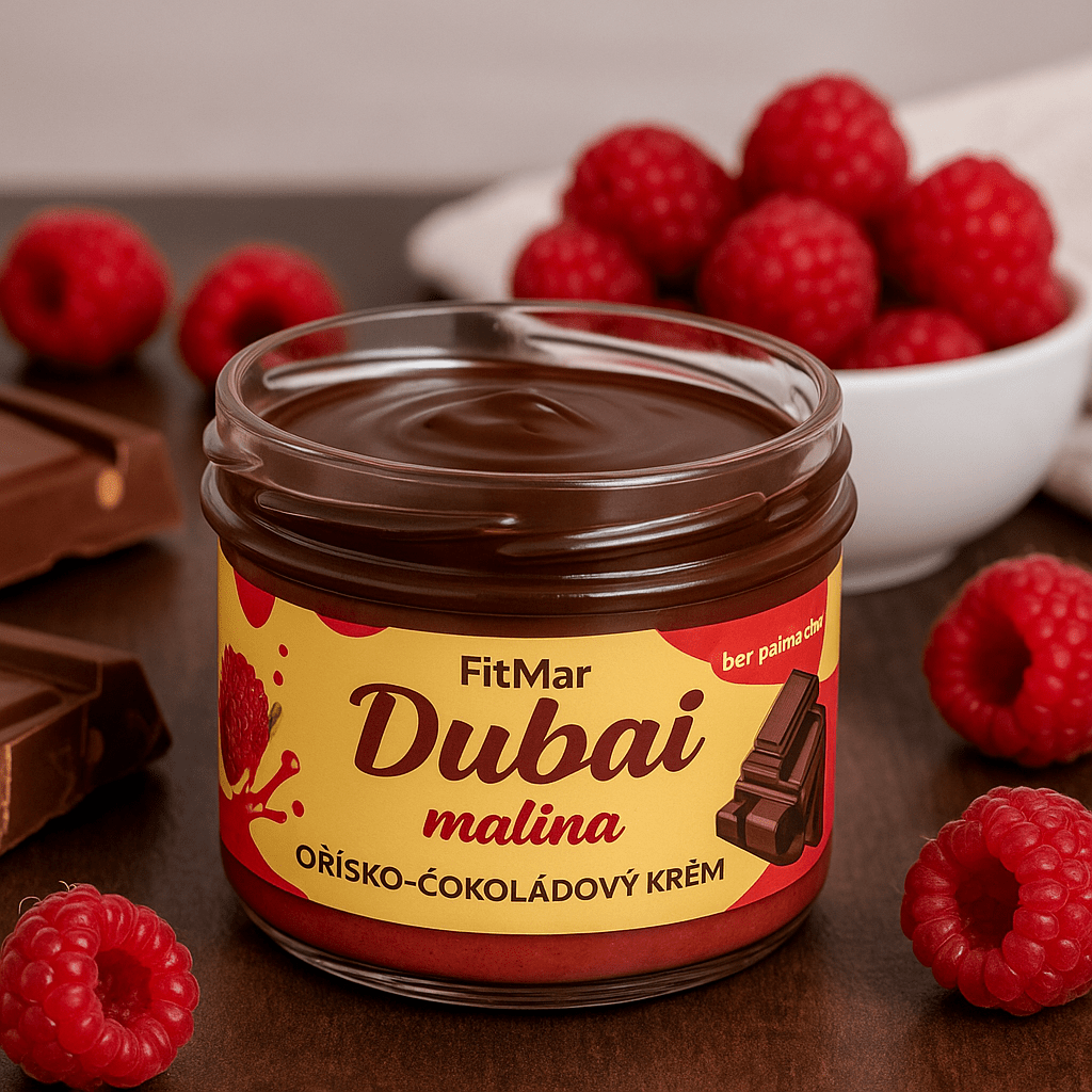 Krém s příchutí dubajské čokolády s malinami 190g - FitMar.cz