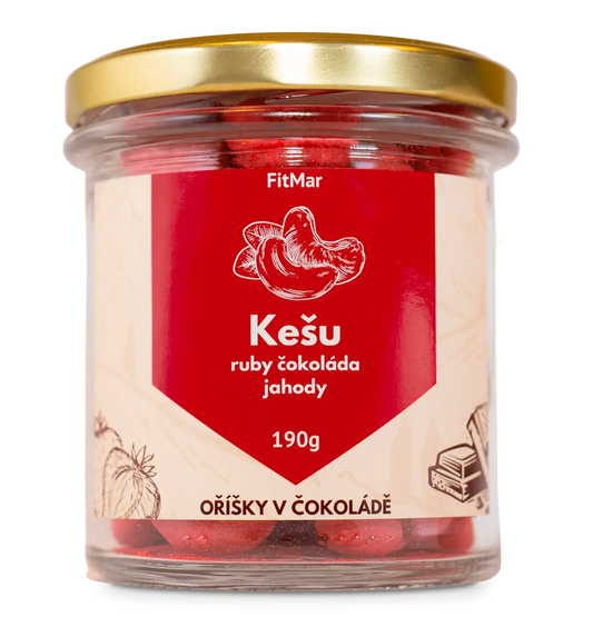 Kešu v ruby čokoládě a jahodovém prášku - FitMar.cz