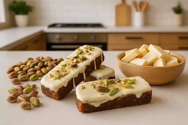 🍫 Pistáciové tyčinky s bílou čokoládou a datlemi - FitMar.cz
