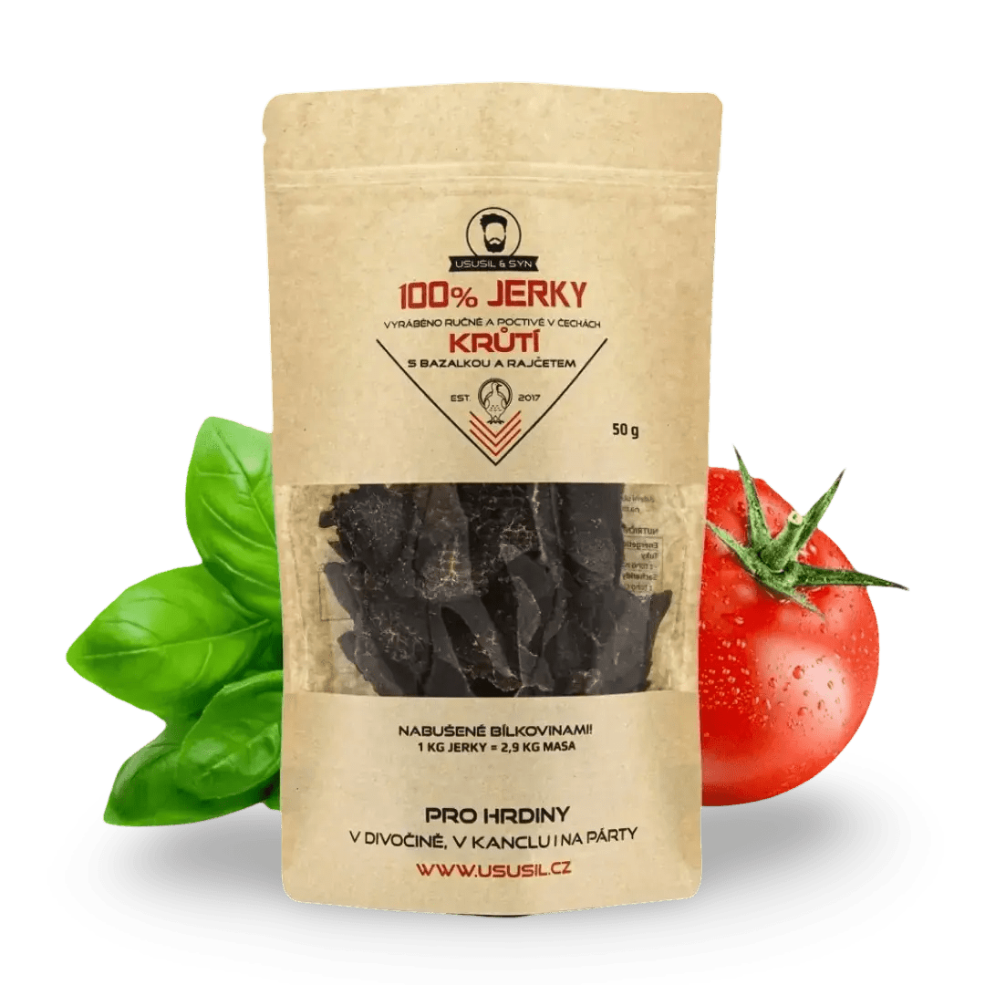 100% JERKY MORČACIE S ბაზalkou a paradajkami 50g - FitMar.cz