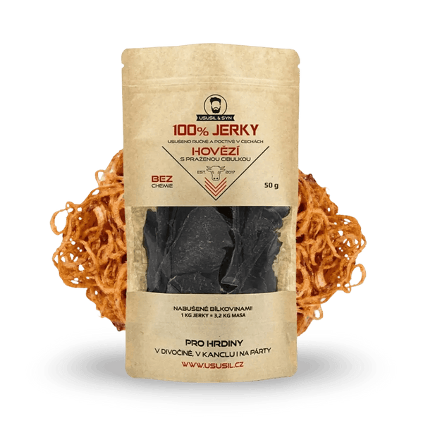 100% JERKY HOVĚZÍ S PRAŽENOU CIBULKOU 50 g - FitMar.cz