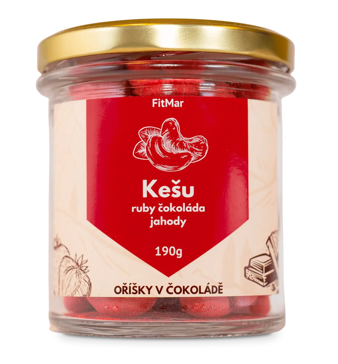 Kešu v ruby čokoládě a jahodovém prášku - FitMar.cz